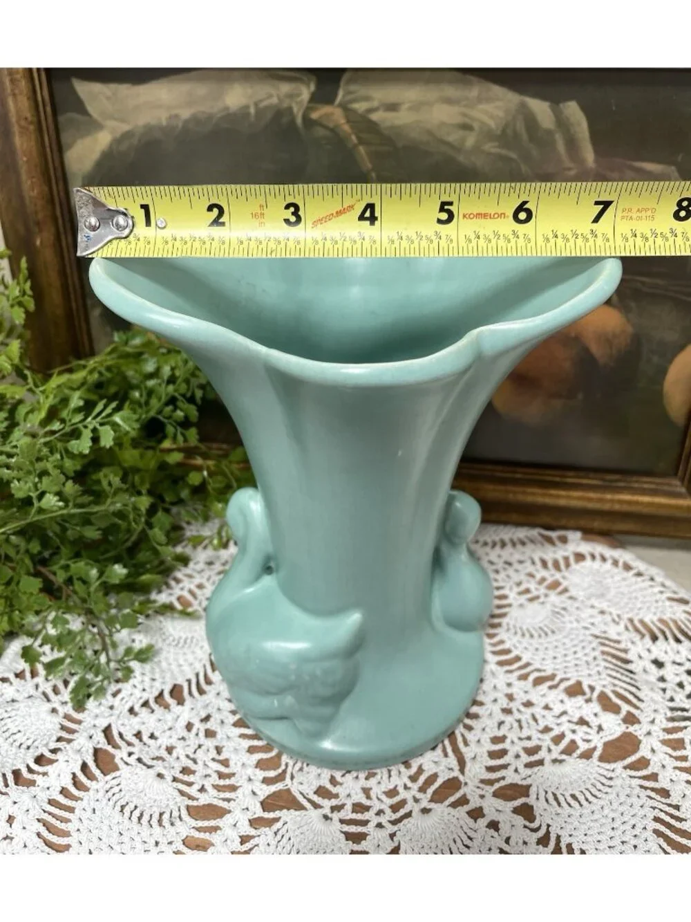Green Blue Double Swan Pottery Vase Mid Century Modern Beautiful Soft Teal Color